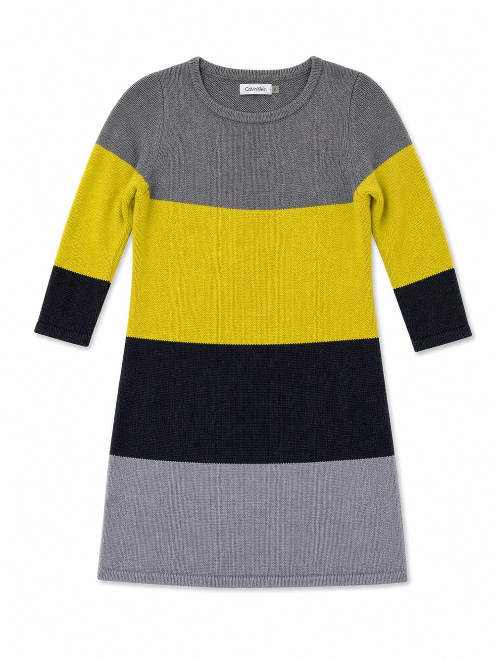Calvin Klein Colorblock Knit Dress M Sheath Gray Yellow Modern